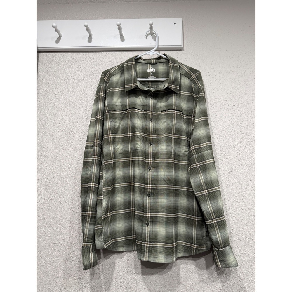 REI Co-op Sahara Plaid Shirt Mens L UPF Vented Hiking Camping Fishing Gorpcore‎
